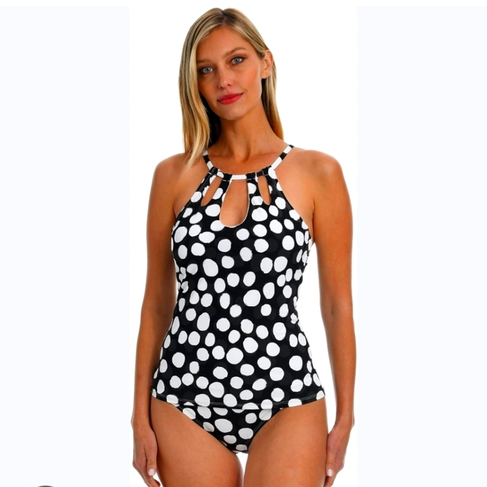 LA BLANCA 2 Piece Tankini Black White Mod Dot Slimming Swim Suit 4 $159 NEW Cut